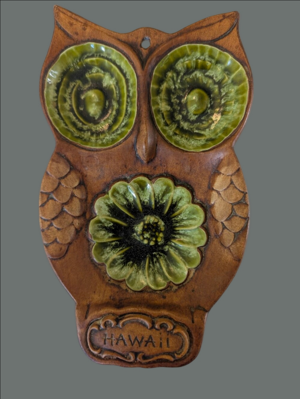 Vintage Hawaii Ceramic Owl Wall Decor Green Brown By Treasure Craft 1970s